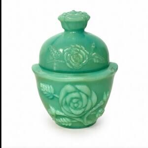 Vintage Avon Green Milk Glass Rose Powder Jar Vanity Trinket Cottagecore Decor